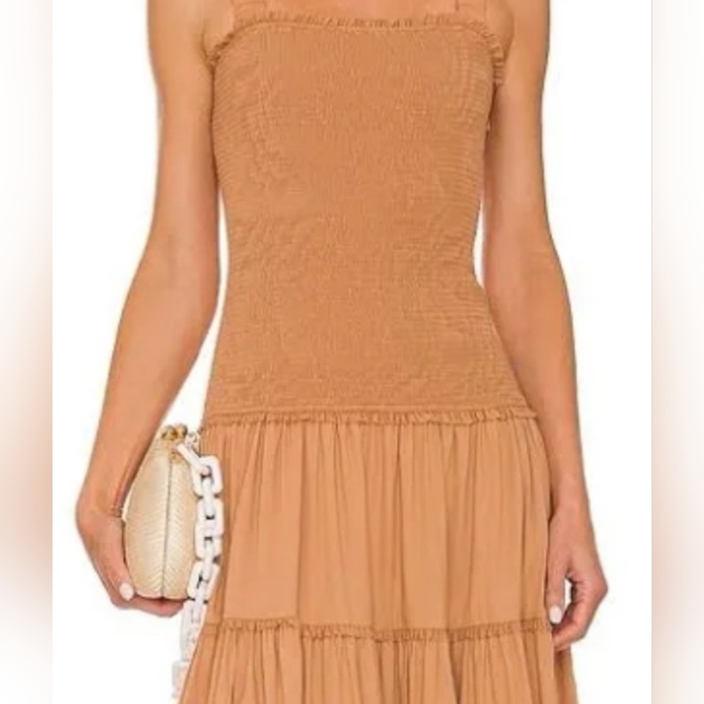 HYFVE Square Neck Midi Dress in Rich Tan Cinched Bodice W/Side Zipper& Side Slit - Picture 5 of 13